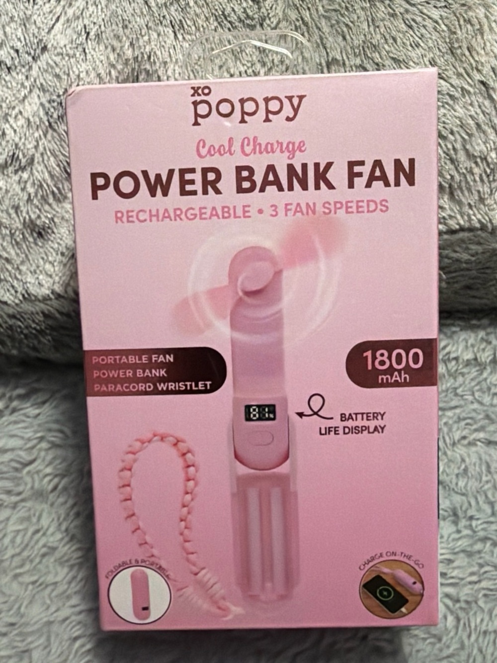 Poppy & Peonies Pink Power Bank Fan - Rechargeable Portable Fan